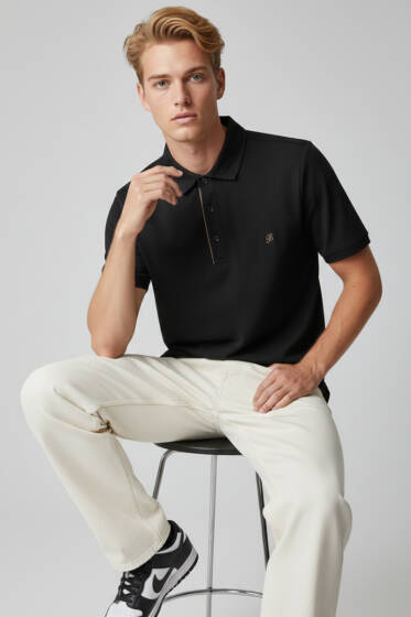 Polo Yaka Armalı Erkek T-shirt Siyah - Siyah Polo Yaka Tişört