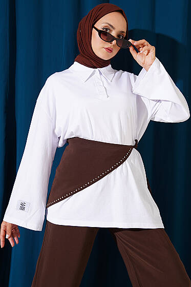 Polo Yaka Armalı Salaş Tunik Beyaz - Tunik