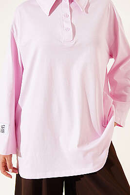 Polo Yaka Armalı Salaş Tunik Pembe - Tunik