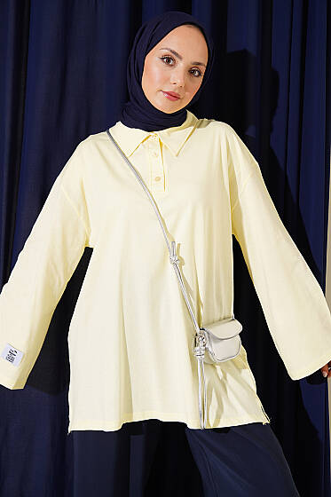 Polo Yaka Armalı Salaş Tunik Sarı - Tunik