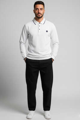 Polo Yaka Armalı Waffle Sweatshirt Beyaz - Erkek Polo Yaka Tişört