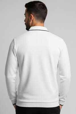 Polo Yaka Armalı Waffle Sweatshirt Beyaz - Erkek Polo Yaka Tişört