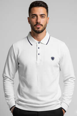 Polo Yaka Armalı Waffle Sweatshirt Beyaz - HİT TİME