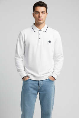 Polo Yaka Armalı Waffle Sweatshirt Beyaz - HİT TİME