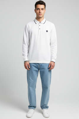 Polo Yaka Armalı Waffle Sweatshirt Beyaz - Erkek Sweatshirt