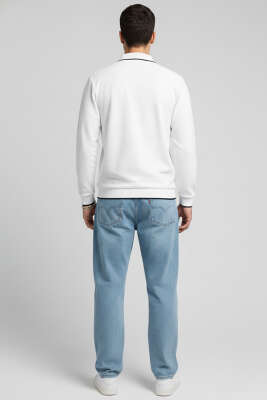 Polo Yaka Armalı Waffle Sweatshirt Beyaz - Erkek Sweatshirt