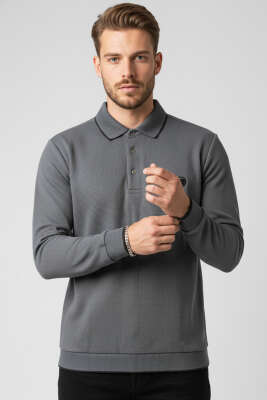 Polo Yaka Armalı Waffle Sweatshirt Füme - HİT TİME