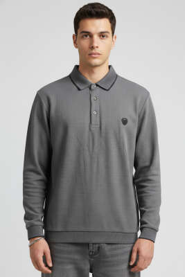 Polo Yaka Armalı Waffle Sweatshirt Füme - HİT TİME