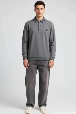 Polo Yaka Armalı Waffle Sweatshirt Füme - Erkek Sweatshirt