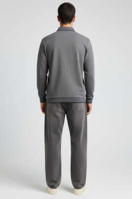 Polo Yaka Armalı Waffle Sweatshirt Füme - Erkek Sweatshirt