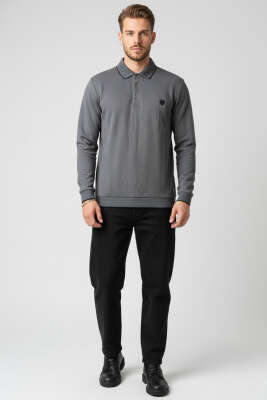 Polo Yaka Armalı Waffle Sweatshirt Füme - Erkek Sweatshirt