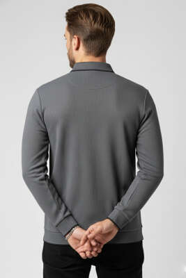 Polo Yaka Armalı Waffle Sweatshirt Füme - Erkek Sweatshirt