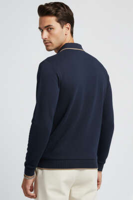 Polo Yaka Armalı Waffle Sweatshirt Lacivert - Erkek Polo Yaka Tişört