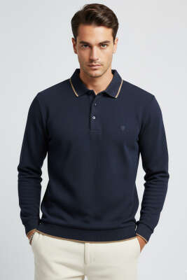 Polo Yaka Armalı Waffle Sweatshirt Lacivert - HİT TİME