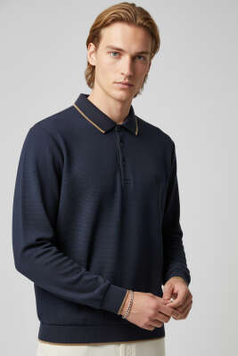 Polo Yaka Armalı Waffle Sweatshirt Lacivert - HİT TİME