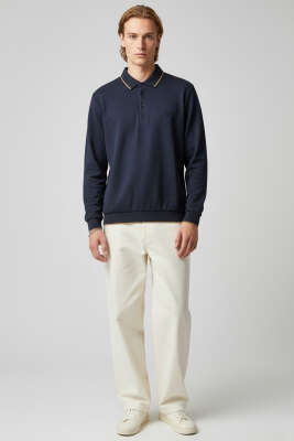 Polo Yaka Armalı Waffle Sweatshirt Lacivert - Erkek Sweatshirt