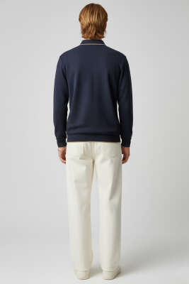 Polo Yaka Armalı Waffle Sweatshirt Lacivert - Erkek Sweatshirt