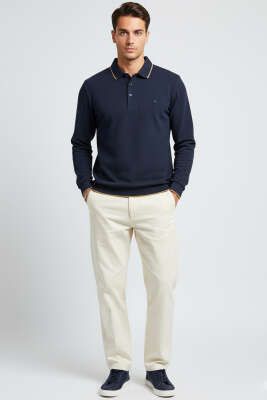 Polo Yaka Armalı Waffle Sweatshirt Lacivert - Erkek Sweatshirt