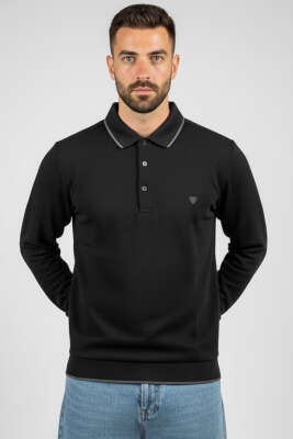 Polo Yaka Armalı Waffle Sweatshirt Siyah - HİT TİME