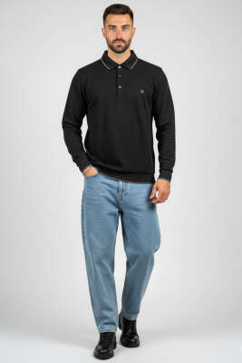 Polo Yaka Armalı Waffle Sweatshirt Siyah - Erkek Polo Yaka Tişört
