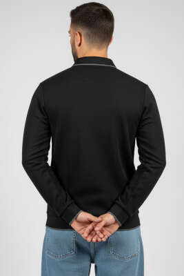 Polo Yaka Armalı Waffle Sweatshirt Siyah - Erkek Polo Yaka Tişört