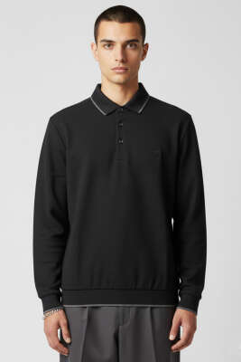 Polo Yaka Armalı Waffle Sweatshirt Siyah - HİT TİME