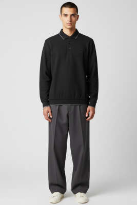 Polo Yaka Armalı Waffle Sweatshirt Siyah - Erkek Sweatshirt