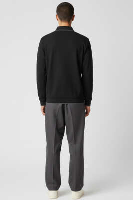 Polo Yaka Armalı Waffle Sweatshirt Siyah - Erkek Sweatshirt