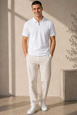 Polo Yaka Basic Fermuarlı T-shirt Beyaz - Erkek T-shirt