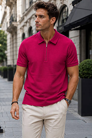 Polo Yaka Basic Fermuarlı T-shirt Bordo - Erkek T-shirt