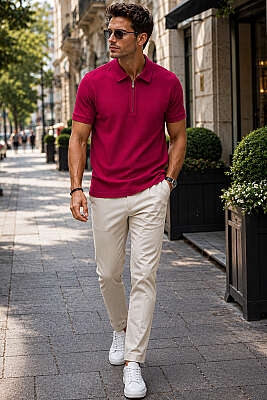 Polo Yaka Basic Fermuarlı T-shirt Bordo - Erkek T-shirt