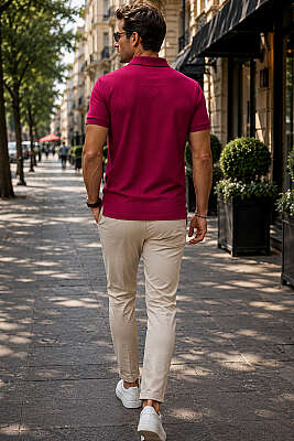 Polo Yaka Basic Fermuarlı T-shirt Bordo - Erkek T-shirt