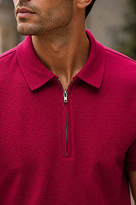 Polo Yaka Basic Fermuarlı T-shirt Bordo - Erkek T-shirt
