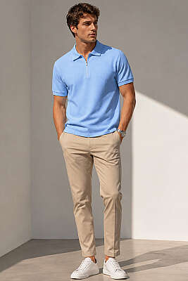 Polo Yaka Basic Fermuarlı T-shirt Buz Mavisi - Erkek T-shirt