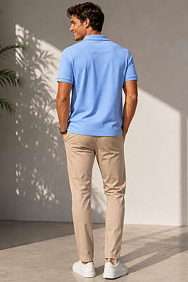 Polo Yaka Basic Fermuarlı T-shirt Buz Mavisi - Erkek T-shirt