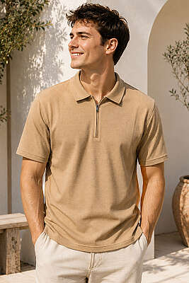 Polo Yaka Basic Fermuarlı T-shirt Camel 