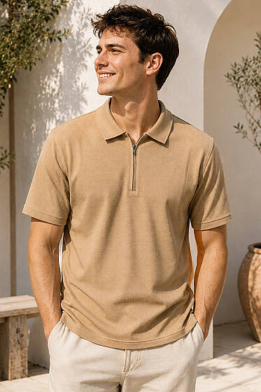 Polo Yaka Basic Fermuarlı T-shirt Camel - Erkek T-shirt