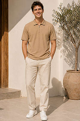 Polo Yaka Basic Fermuarlı T-shirt Camel - Erkek T-shirt