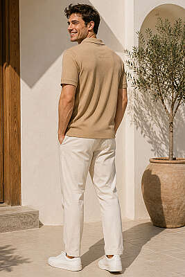 Polo Yaka Basic Fermuarlı T-shirt Camel - Erkek T-shirt