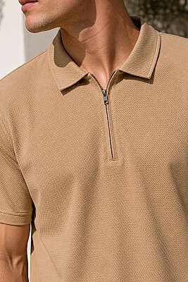 Polo Yaka Basic Fermuarlı T-shirt Camel - Erkek T-shirt