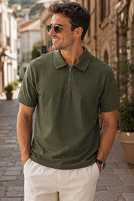 Polo Yaka Basic Fermuarlı T-shirt Haki 