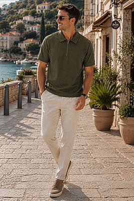 Polo Yaka Basic Fermuarlı T-shirt Haki - Erkek T-shirt