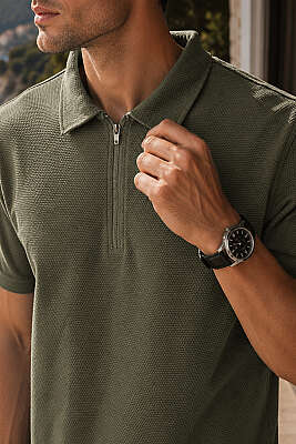 Polo Yaka Basic Fermuarlı T-shirt Haki - Erkek T-shirt