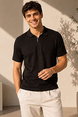Polo Yaka Basic Fermuarlı T-shirt Kahve - HİT TİME