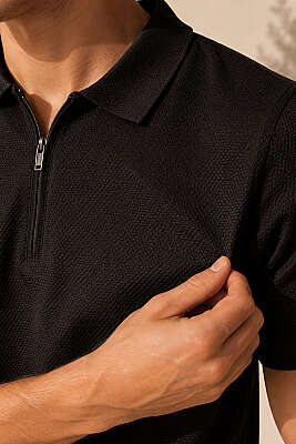 Polo Yaka Basic Fermuarlı T-shirt Kahve - Erkek T-shirt