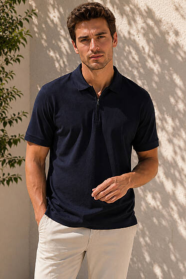 Polo Yaka Basic Fermuarlı T-shirt Lacivert - Erkek T-shirt