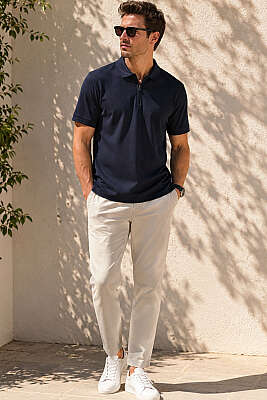 Polo Yaka Basic Fermuarlı T-shirt Lacivert - Erkek T-shirt