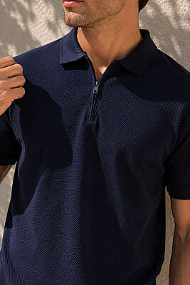 Polo Yaka Basic Fermuarlı T-shirt Lacivert - Erkek T-shirt