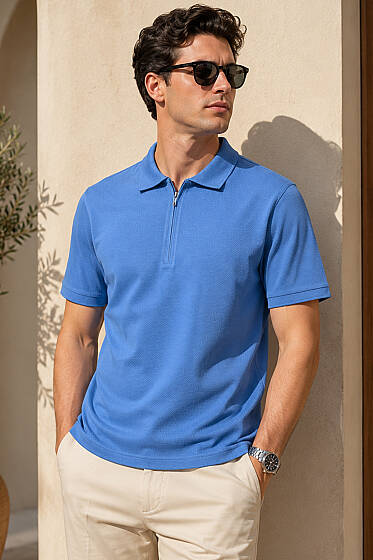 Polo Yaka Basic Fermuarlı T-shirt Mavi - Erkek Mavi Tişört