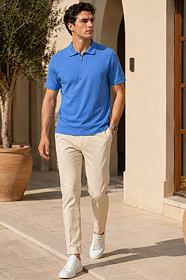 Polo Yaka Basic Fermuarlı T-shirt Mavi - Erkek T-shirt